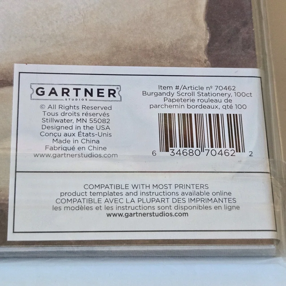 NEW‎ Gartner Studios Burgandy Scroll Stationery Paper 100 ct Item 70463 Sealed